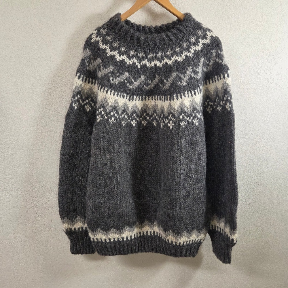 Hand Knit Wool Fair Isle Nordic Sweater Gray Charcoal White Chunky Pullover